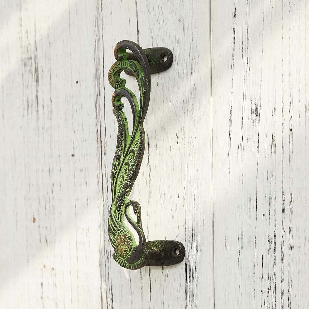 Phoenix Brass Double Door Handle Handmade with ornate swan design, antique green finish.